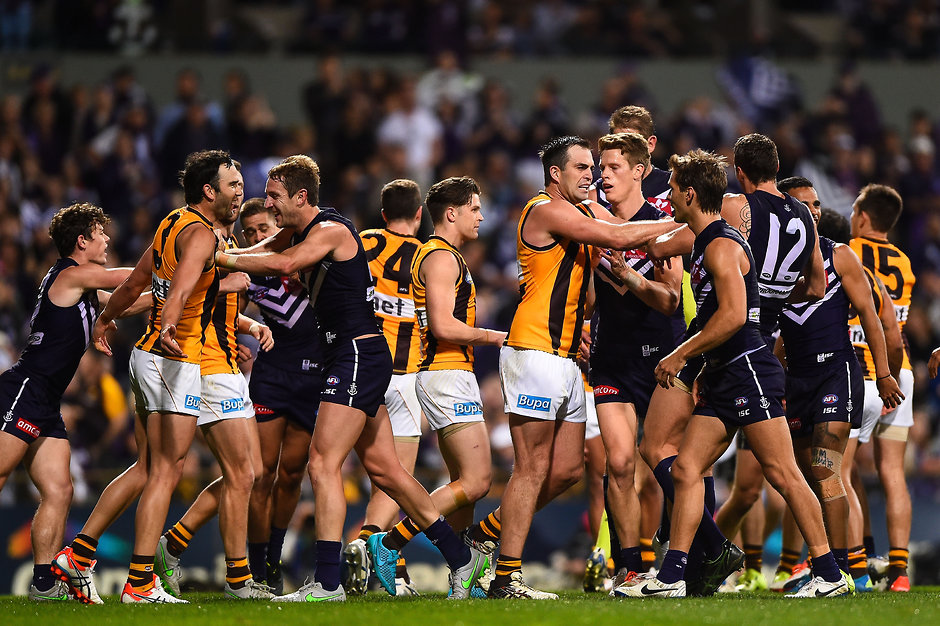 AFL 2015 First Preliminary Final - Fremantle v Hawthorn PERTH, AUSTRALIA - SEPTEMBER 25: Brian Lake of the Hawthorn Hawks shoves Jonathon Griffin of the Fremantle Dockers during the 2015 AFL First Preliminary Final match between the Fremantle Dockers and the Hawthorn Hawks at Domain Stadium, Perth, Australia on September 25, 2015. (Photo by Daniel Carson/AFL Media)